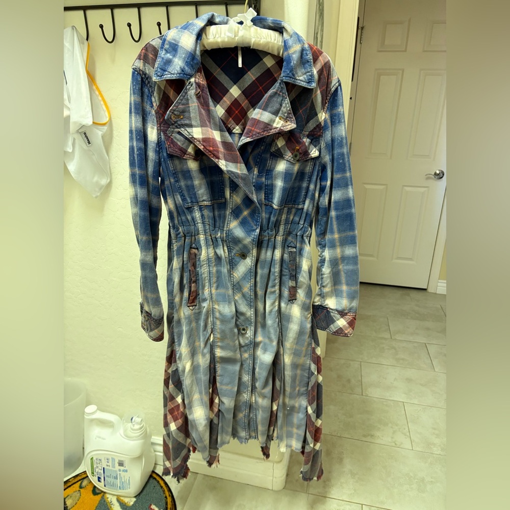 Free People Plaid Blue and Red Long Duster Trench Coat - Picture 3 of 7